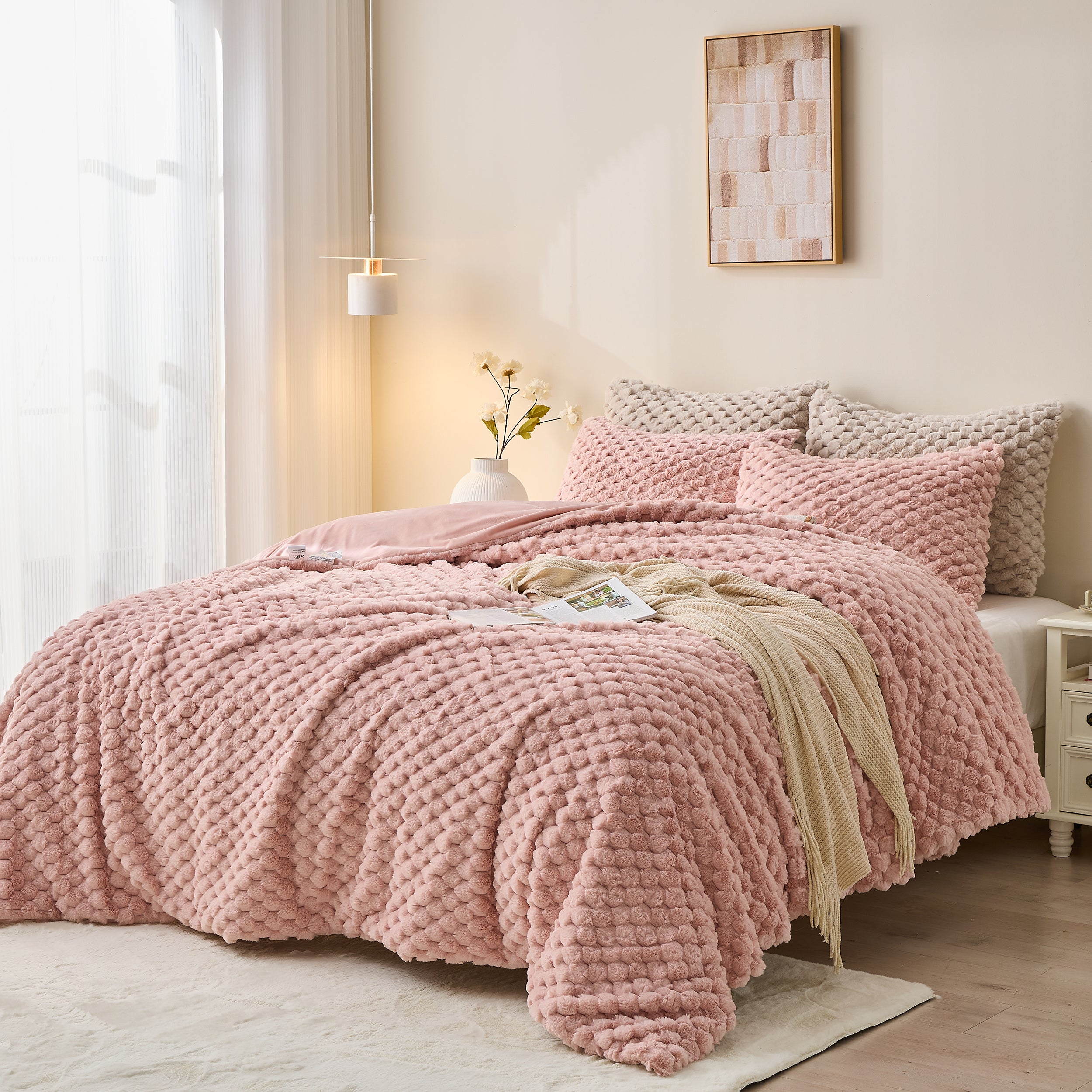 Faux Fur Comforter Set | Plush Shaggy Grid Bedding, Warm Fluffy Velvet ...