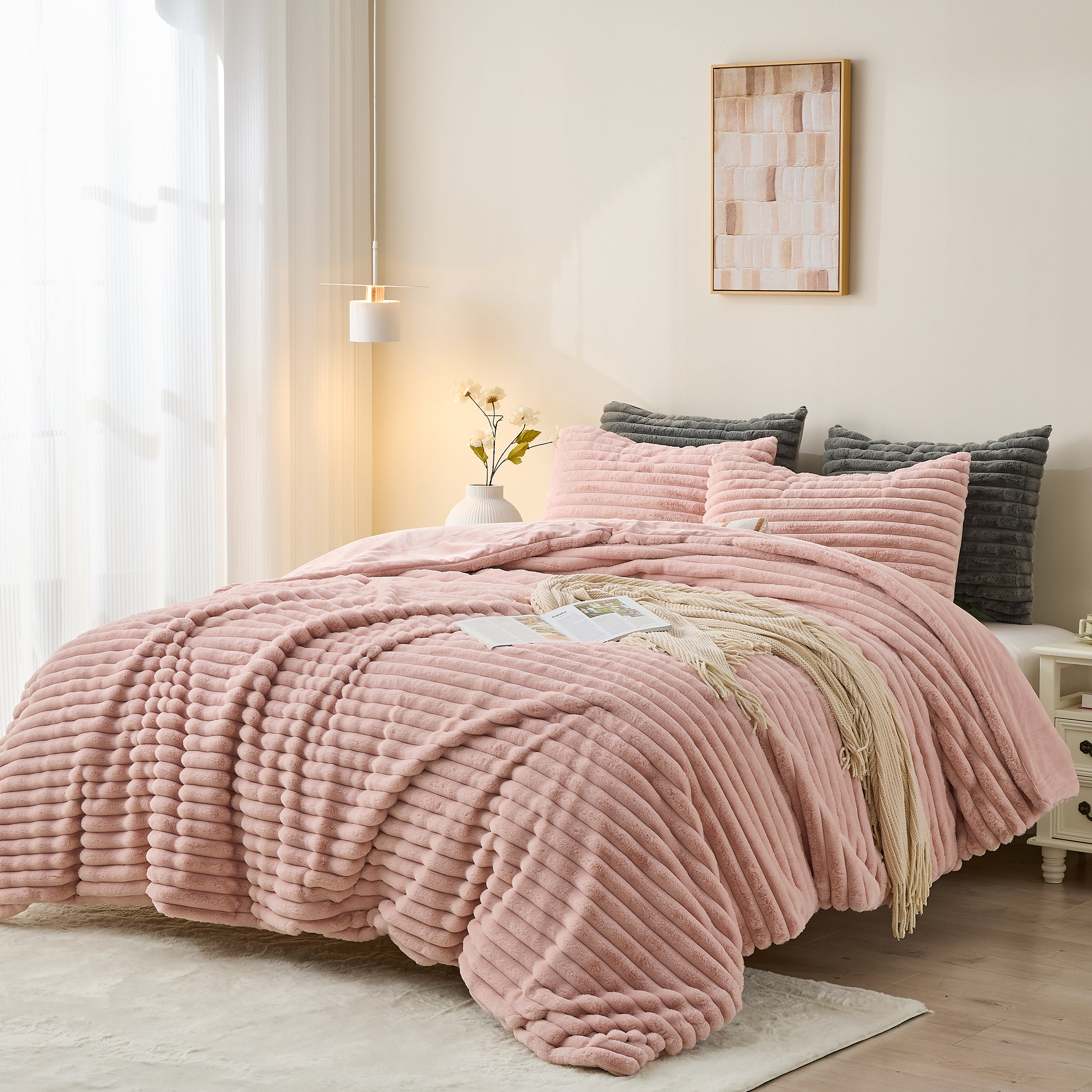 Faux Fur Comforter Set | Plush Shaggy Striped Bedding | US – Simple ...