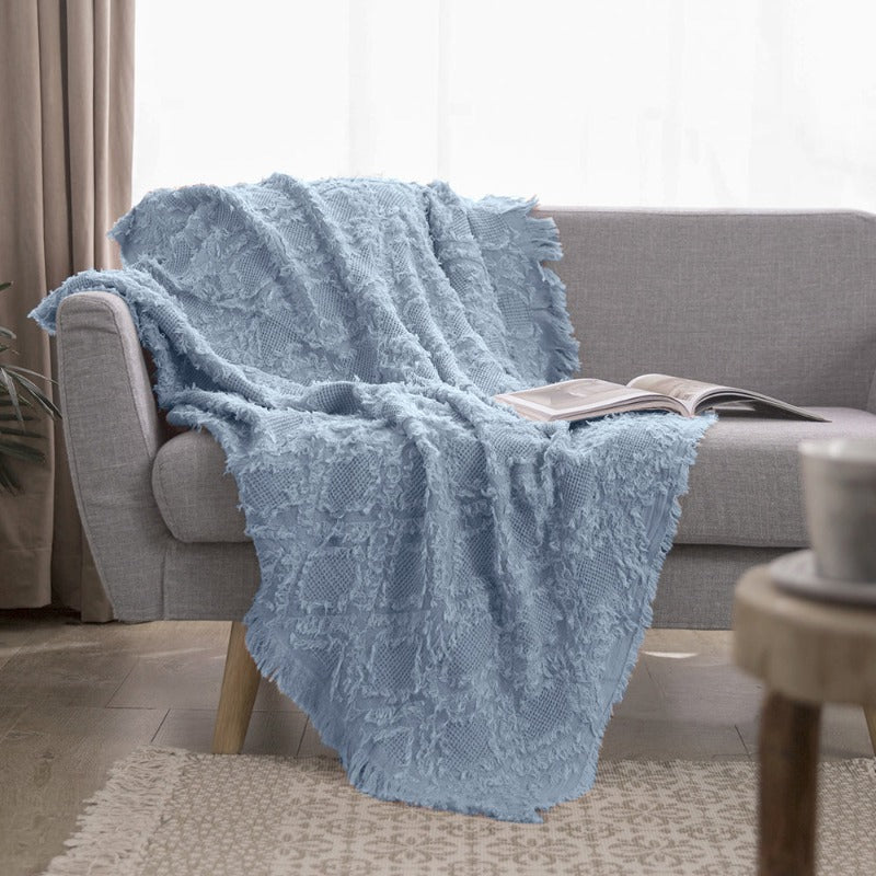 Cotton Throw Blanket - Checkered Knit Woven Tassels-dusty blue