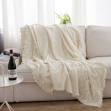 Cotton Throw Blanket - Tufted Zigzag Knit Woven Tassels-white