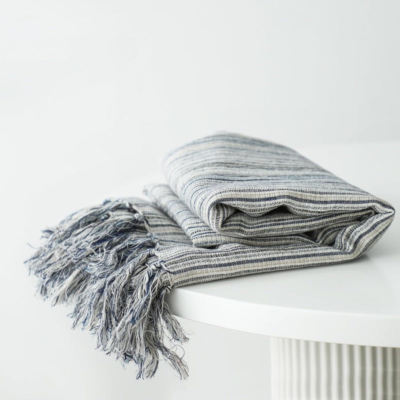 100% Linen Striped Throw Blanket  with Tassels