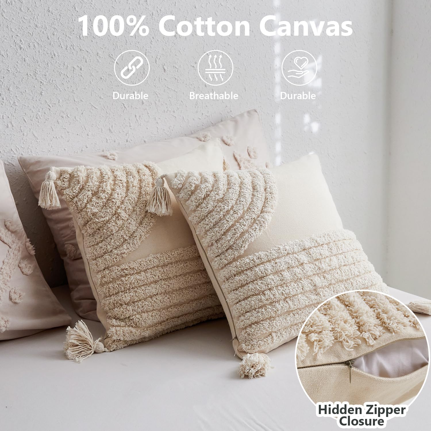 Housse de coussin en coton - capitonnée et à pompons