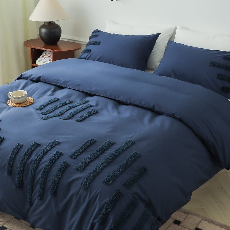 100% Cotton Boho Tufted Duvet Cover Set-Stripes embroidery