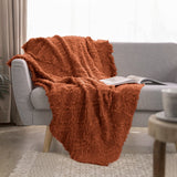 Cotton Throw Blanket - Checkered Knit Woven Tassels-rust orange