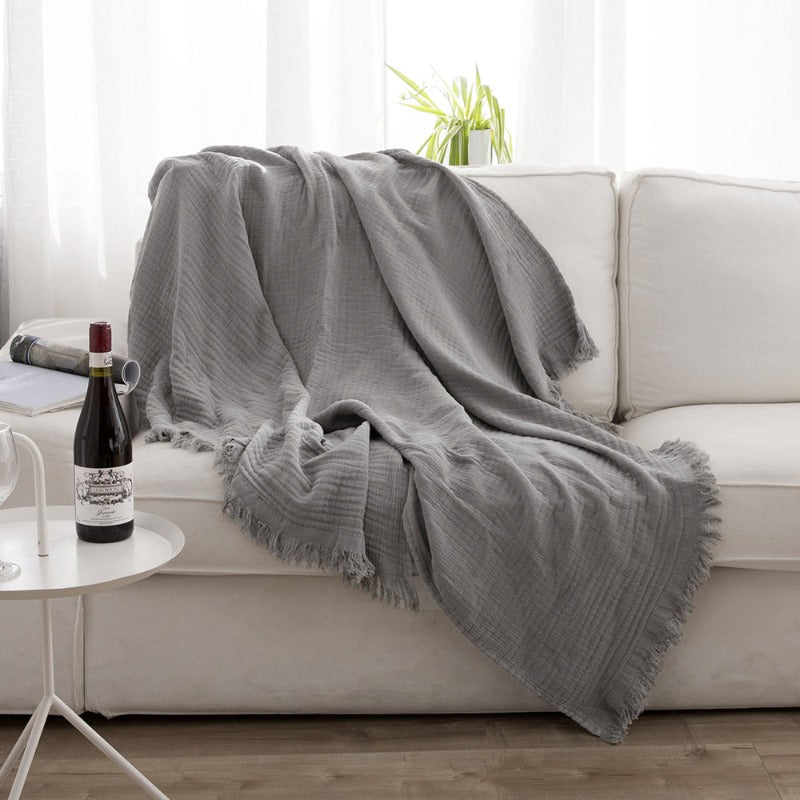 Cotton Muslin Throw Blanket - Gauze Knit Woven Tassels--grey