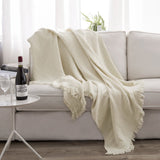 Cotton Muslin Throw Blanket - Gauze Knit Woven Tassels-white
