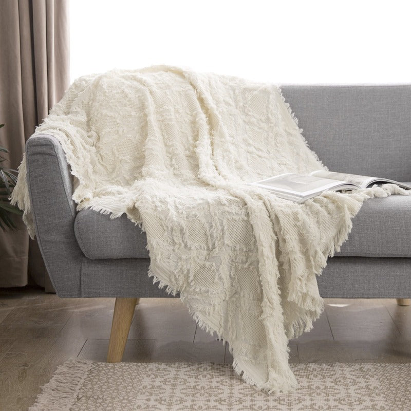 Cotton Throw Blanket - Checkered Knit Woven Tassels-white