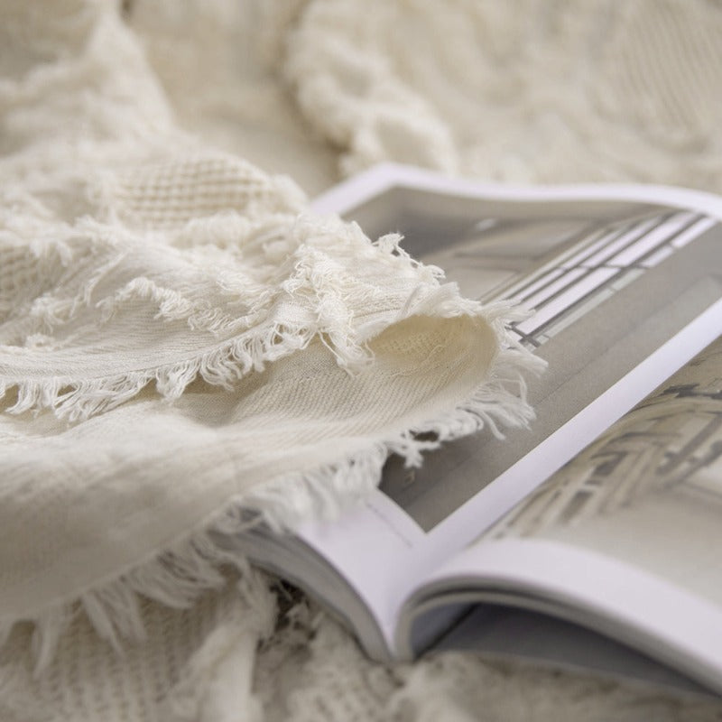 Cotton Throw Blanket - Checkered Knit Woven Tassels-detail show