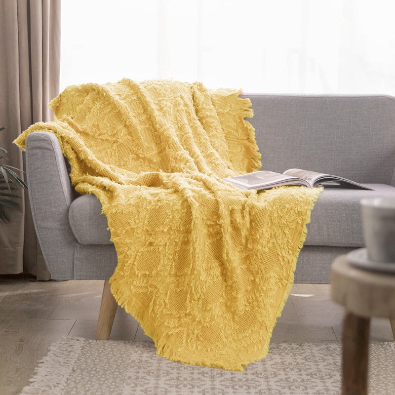 Cotton Throw Blanket - Checkered Knit Woven Tassels-yellow