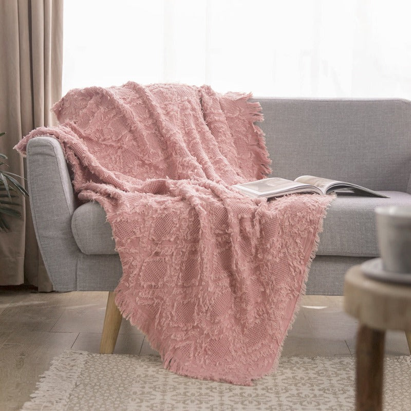 Cotton Throw Blanket - Checkered Knit Woven Tassels-pink