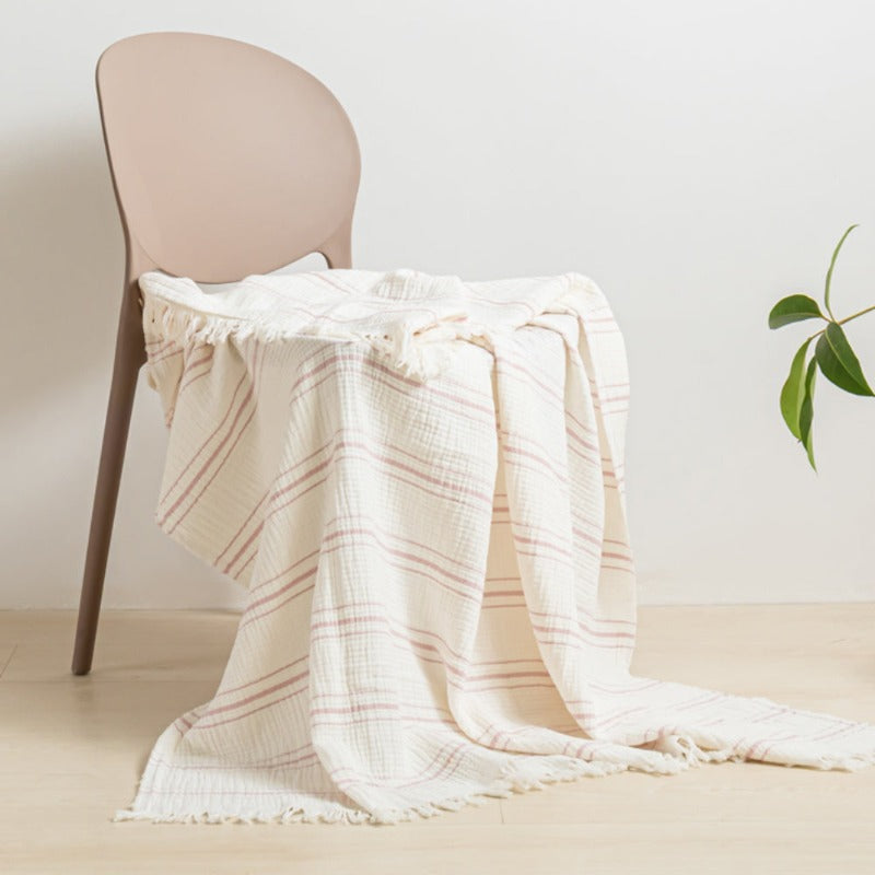 Cotton Muslin Throw Blanket - Yarn-dyed stripes-pink