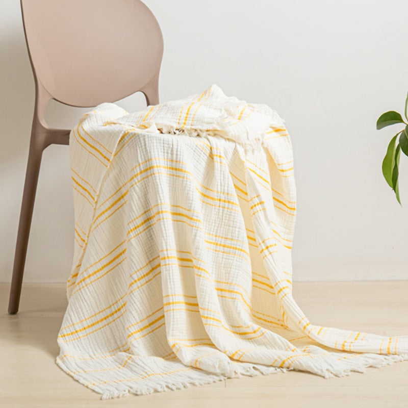 Cotton Muslin Throw Blanket - Yarn-dyed stripes-yellow