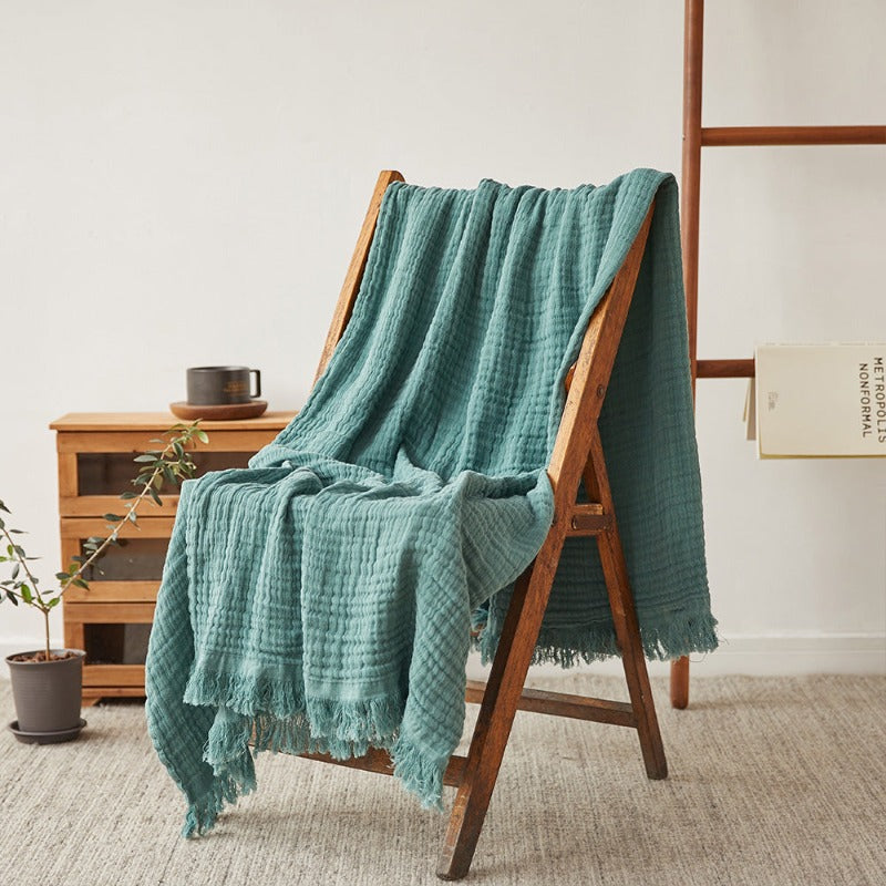 Cotton Muslin Throw Blanket - Gauze Knit Woven Tassels-green