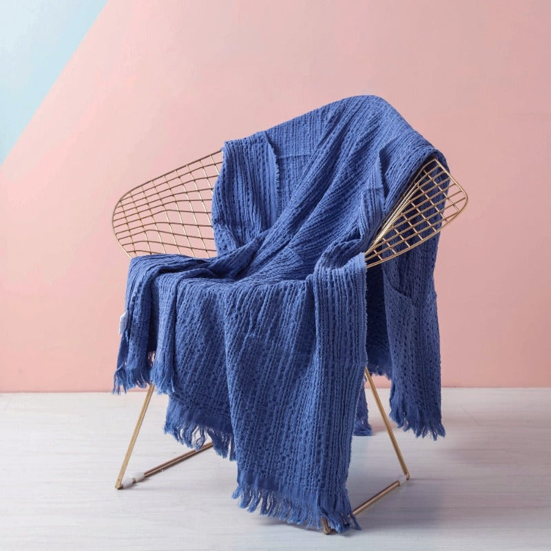 Cotton Throw Blanket - Waffle Knit Woven Tassels