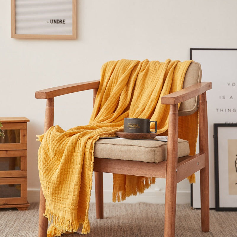 Cotton Muslin Throw Blanket - Gauze Knit Woven Tassels-yellow
