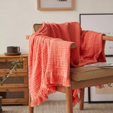 Cotton Muslin Throw Blanket - Gauze Knit Woven Tassels-coral red